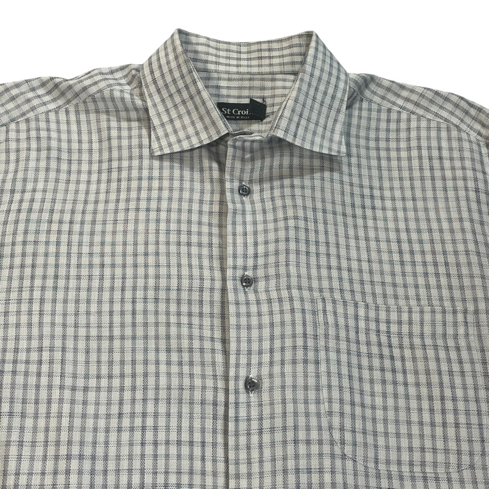 St Croix Mens XL 17 Blue White Grid Check Cotton Button Down Shirt Made in Italy